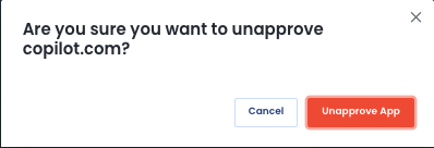 Confirmation prompt asking to unapprove copilot.com with cancel and unapprove options.